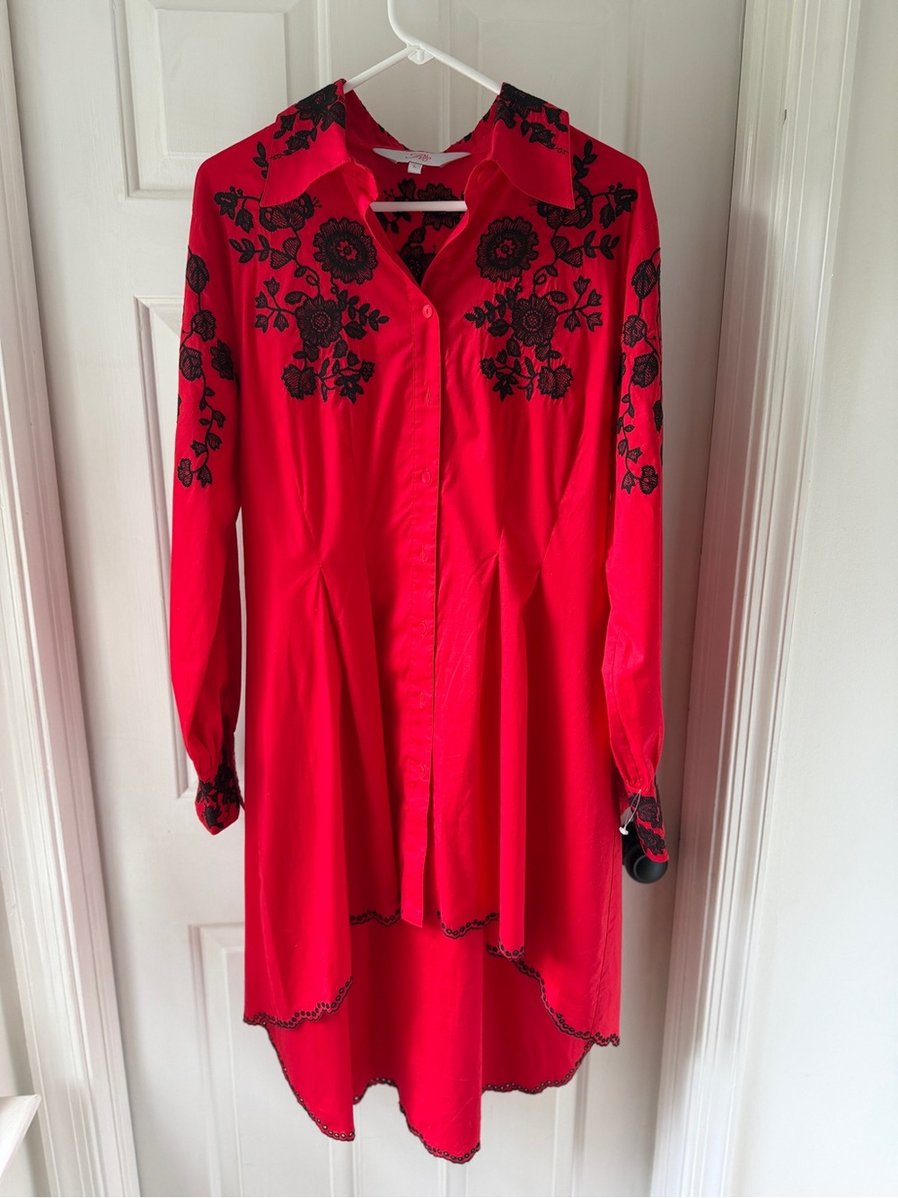 Roja Red Embroidered Long Sleeve Button Down Dress Large